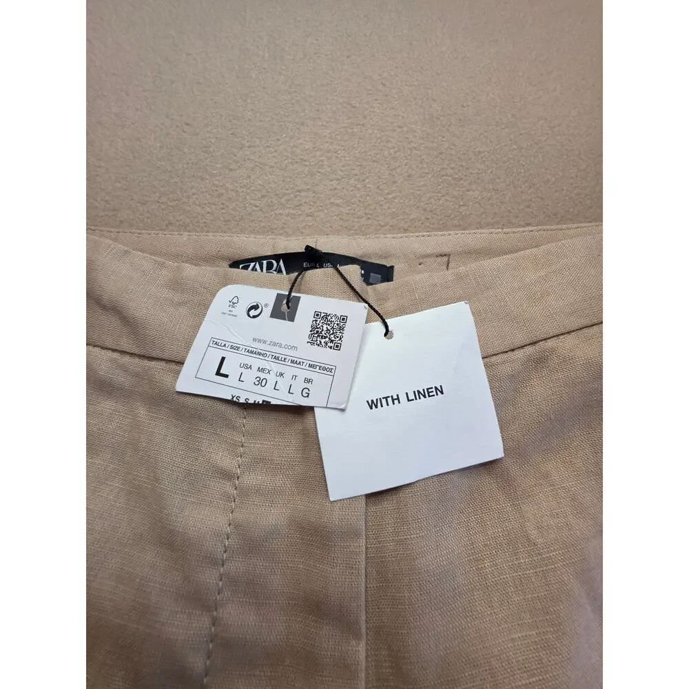 Zara Women's Linen Cotton Blend Khaki Trouser Pants Sz Large NWT